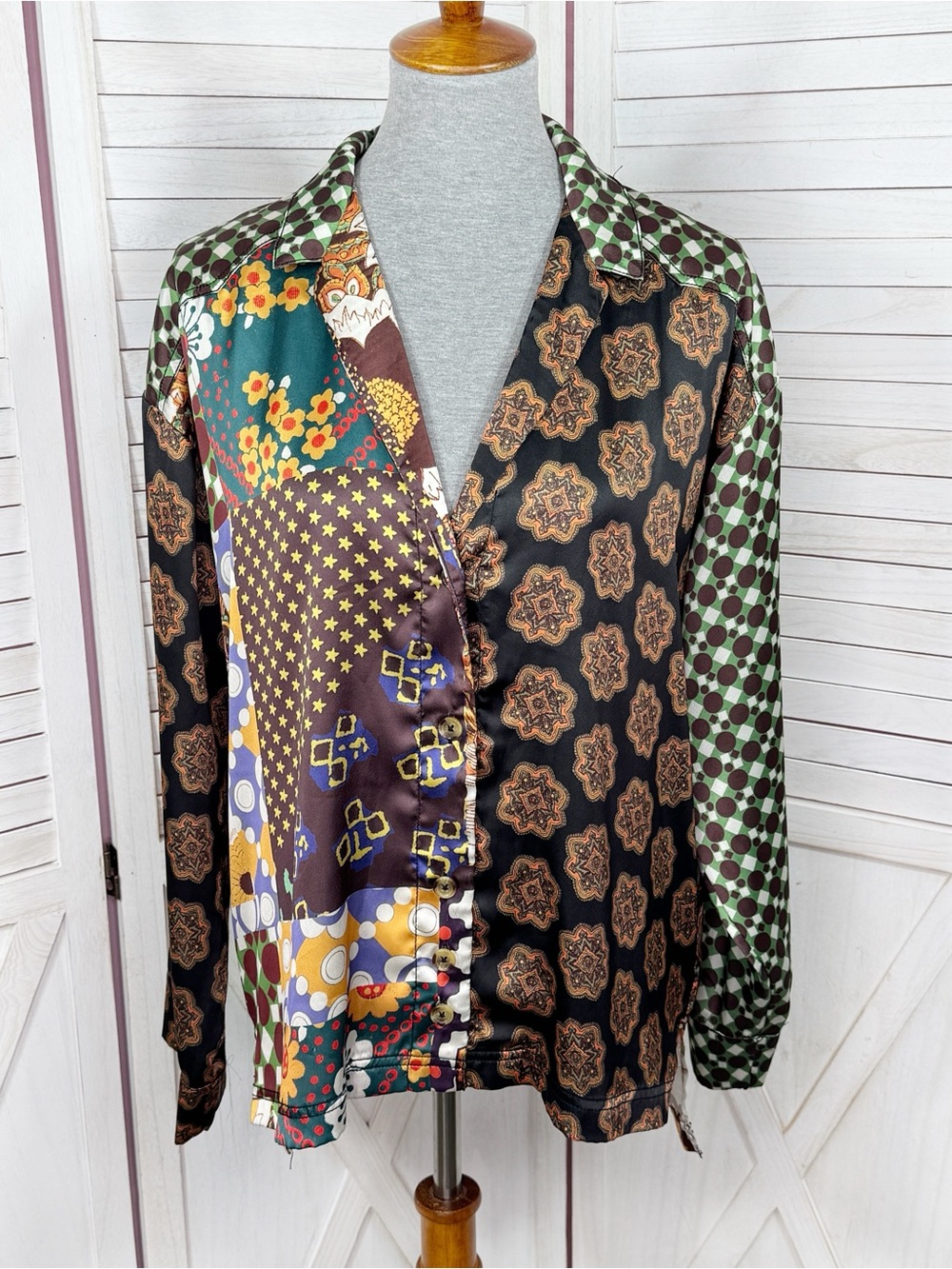 Urban Outfitters Retro Multi Print Patchwork Satin Oversized Shirt Small